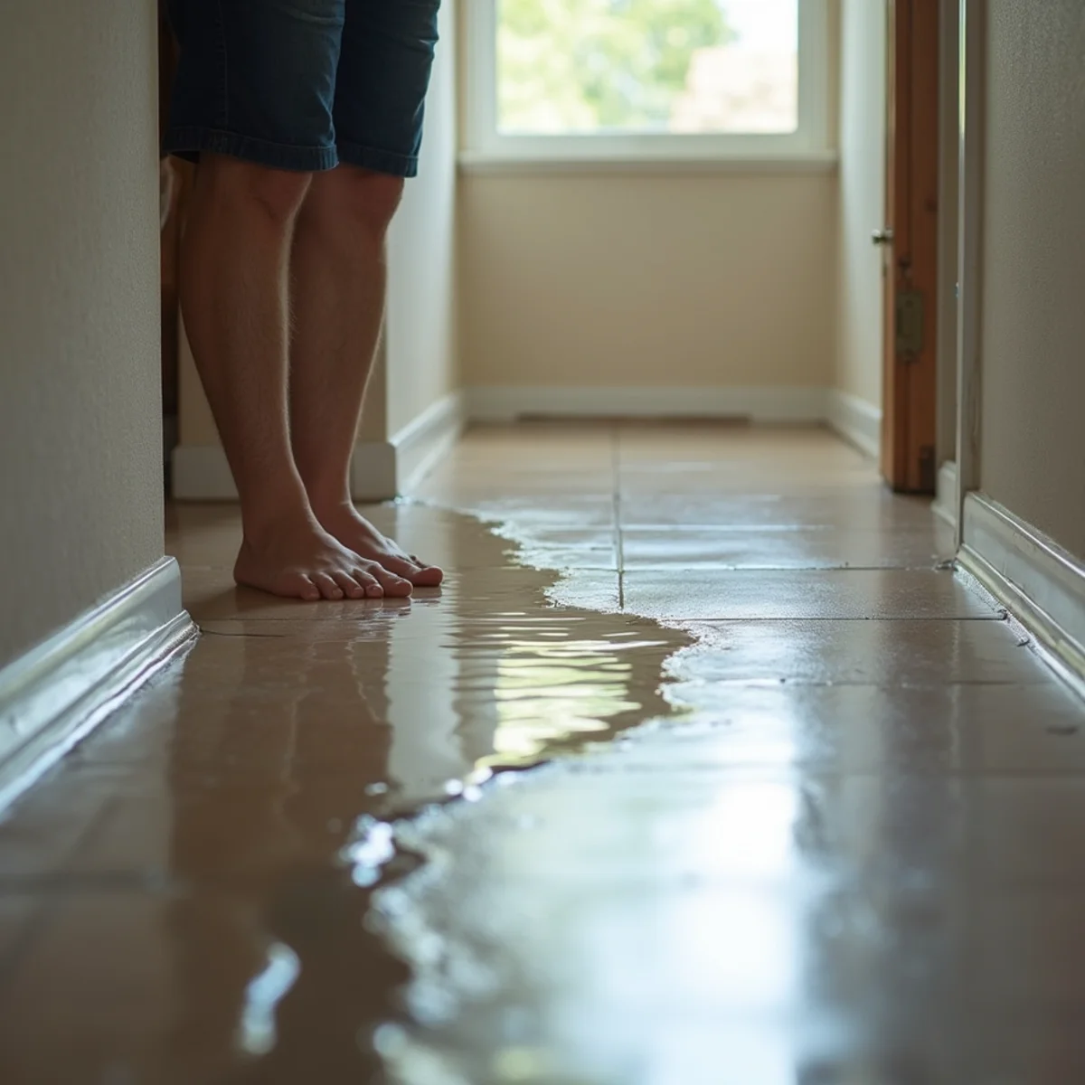 Water spreading across a hallway floor from a burst pipe in a Rancho Cucamonga home