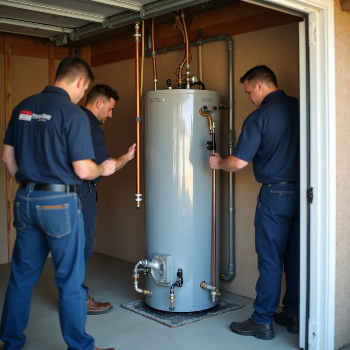 Correctly strapped water heater in a Rancho Cucamonga garage with a piped drain pan