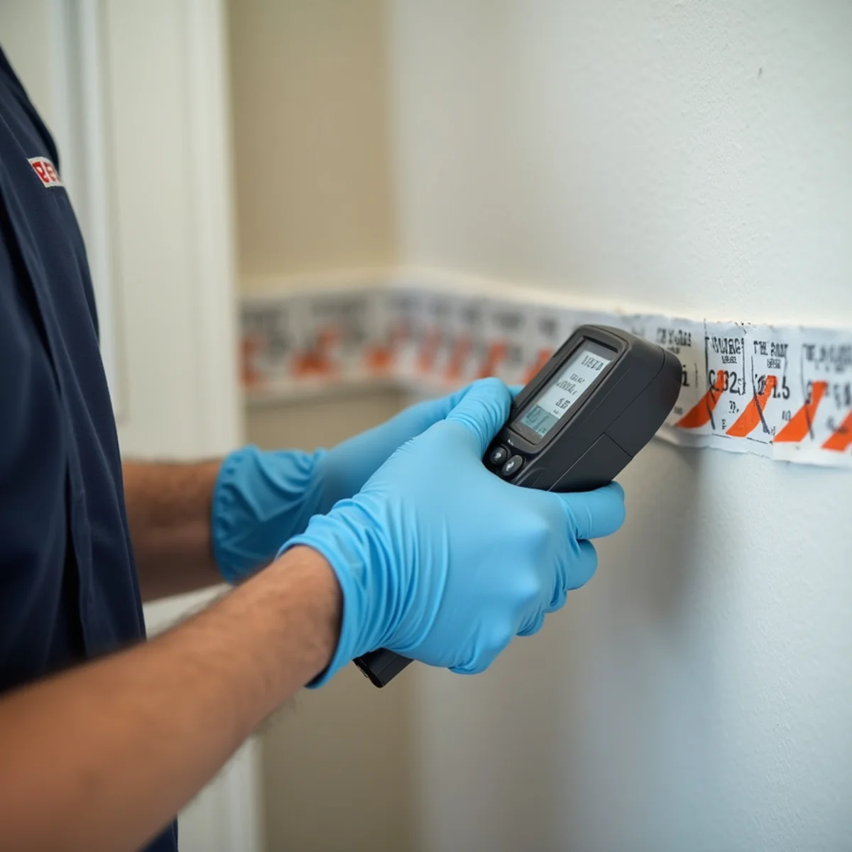 Technician taking a moisture reading on water-damaged drywall in a Rancho Cucamonga home