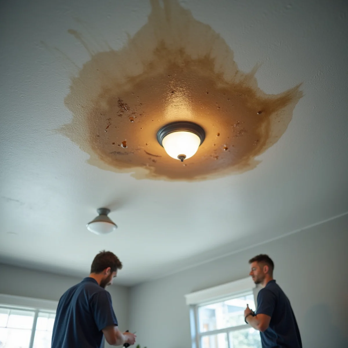 Water stain spreading across a bedroom ceiling during a storm in a Rancho Cucamonga home