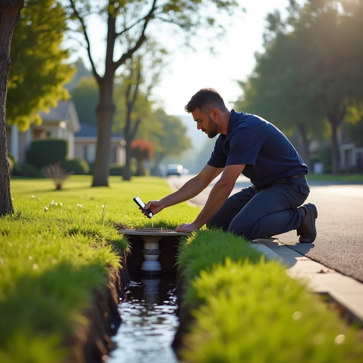 Homeowner checking the leak indicator on a water meter outside a Rancho Cucamonga home