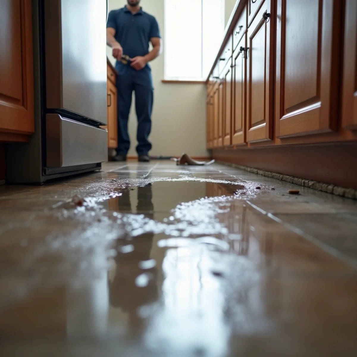 Water pooling across a kitchen floor from a leaking dishwasher in a Rancho Cucamonga home