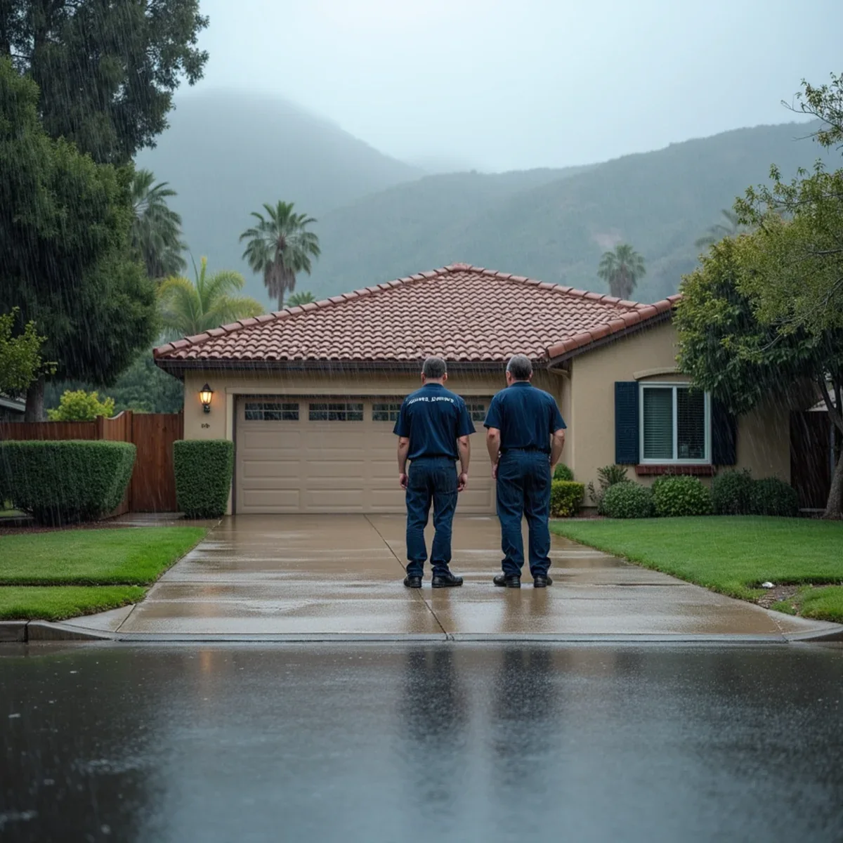Storm water running toward a home during a winter atmospheric river in the Inland Empire
