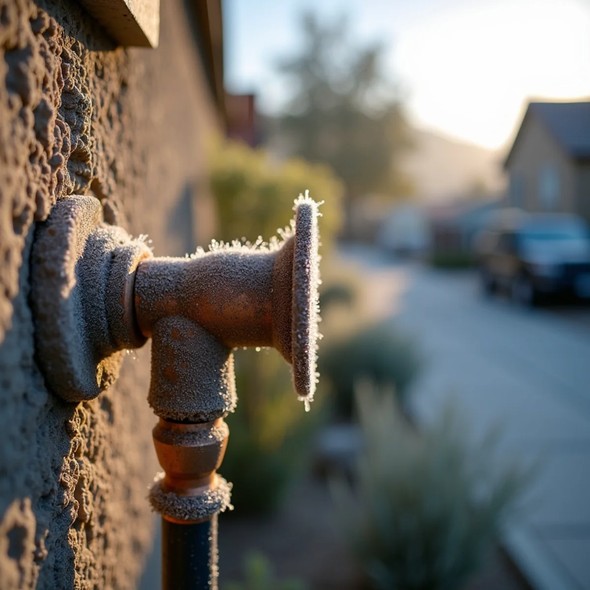 Frost on an exposed exterior hose bib at a foothill home in Alta Loma, Rancho Cucamonga