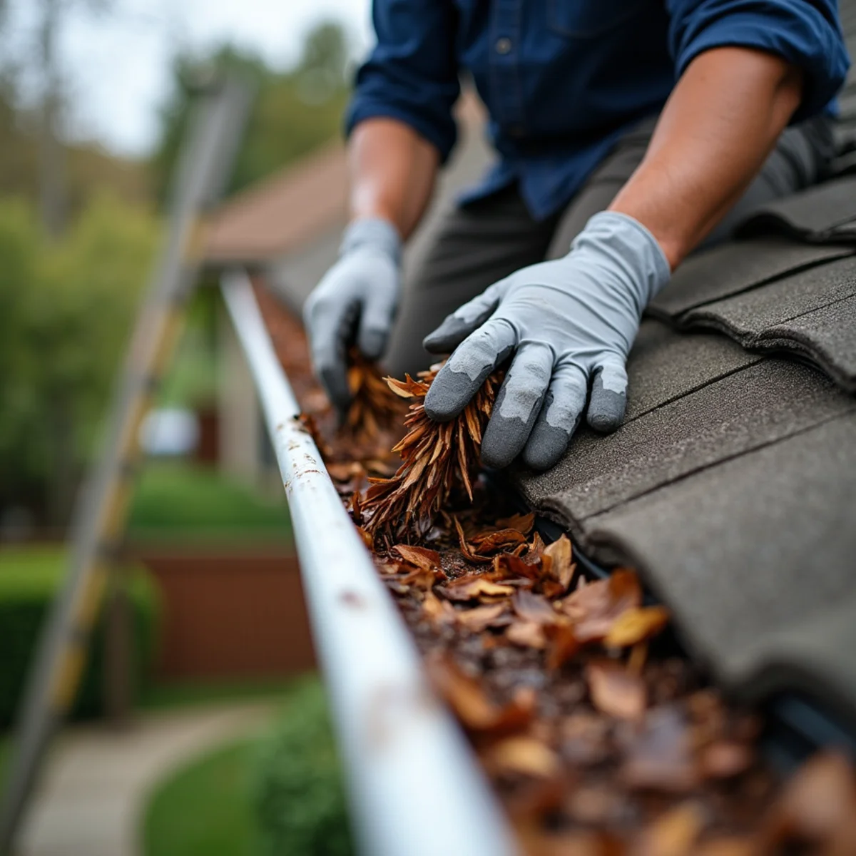 Homeowner clearing leaves from a gutter on a single-storey stucco home