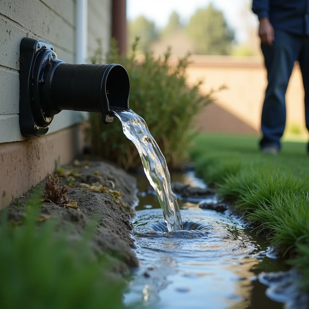 Downspout discharging several feet clear of a home foundation onto a splash block