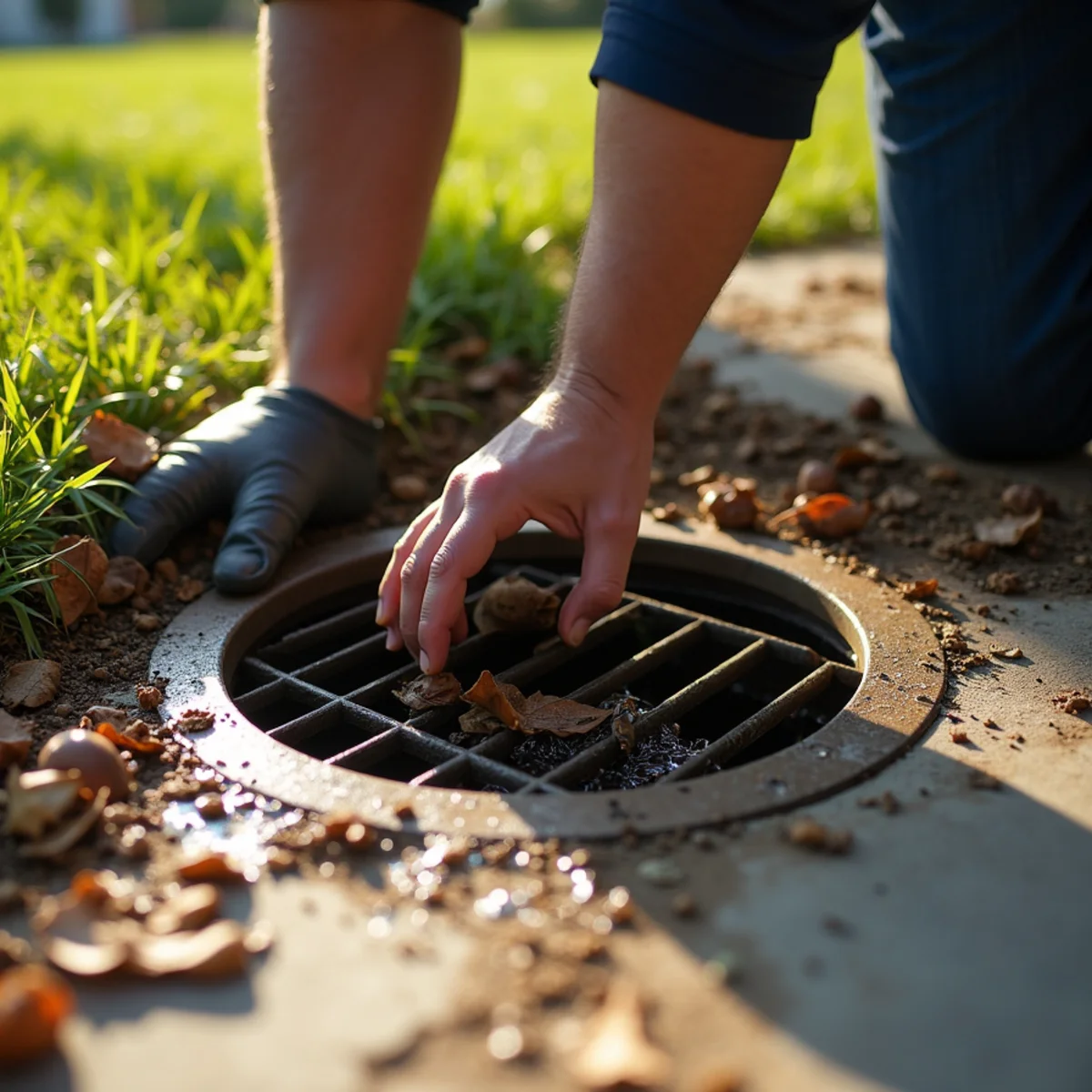 Yard area drain grate being cleared of leaves and sediment