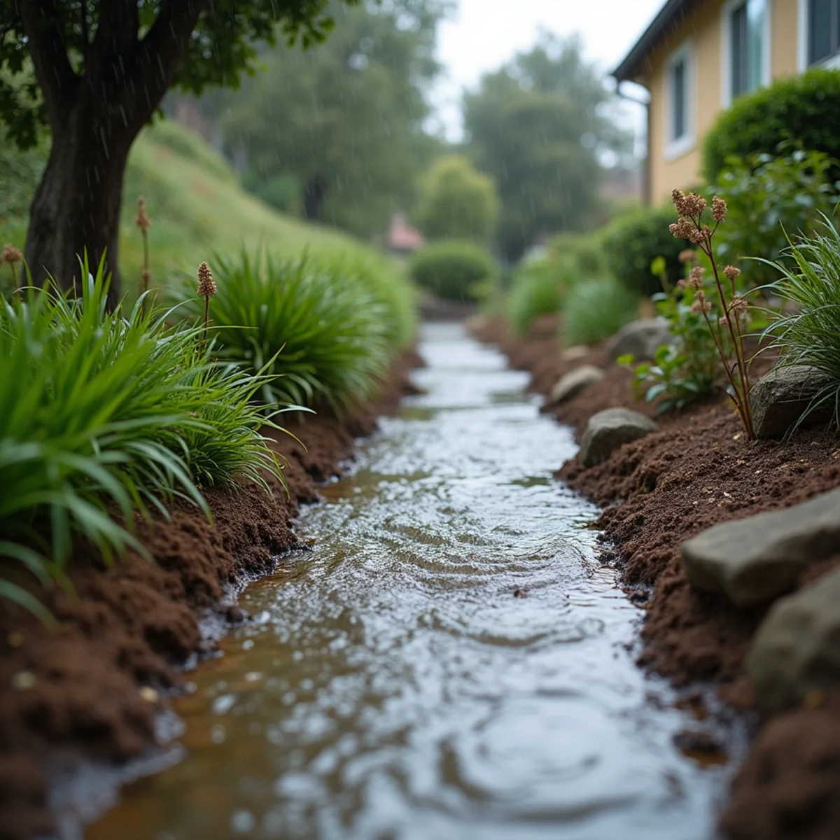 Shallow landscaped swale channelling surface water around a hillside home