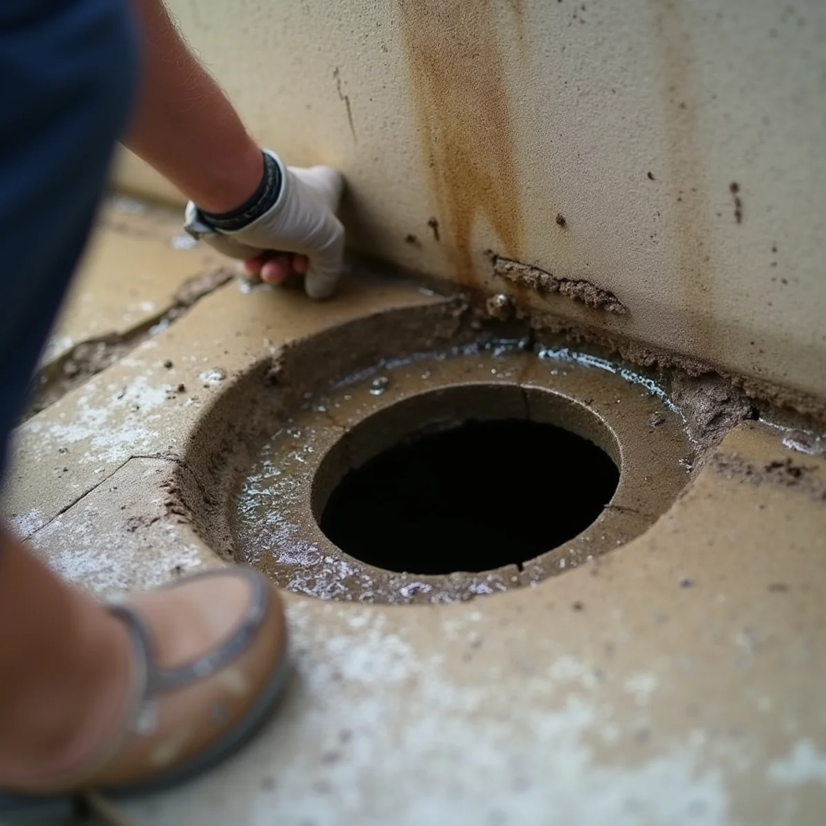 Weep hole at the base of a hillside retaining wall with water seeping through
