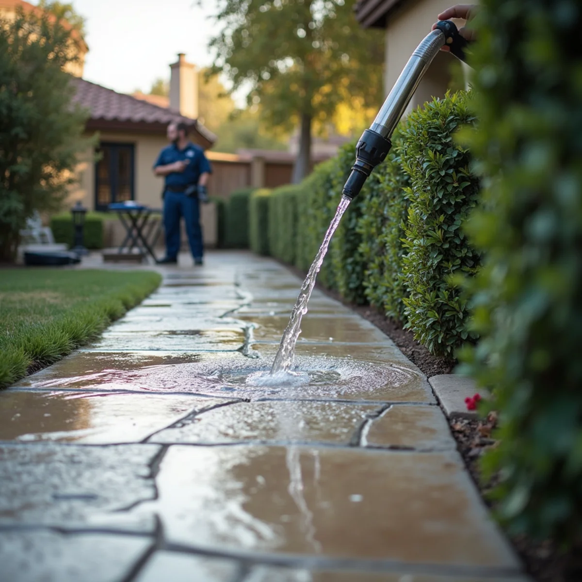 Water sheeting across a paved patio toward a home during a hose test