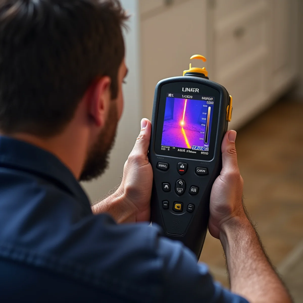 Thermal imaging camera screen showing a warm plume across a concrete slab floor