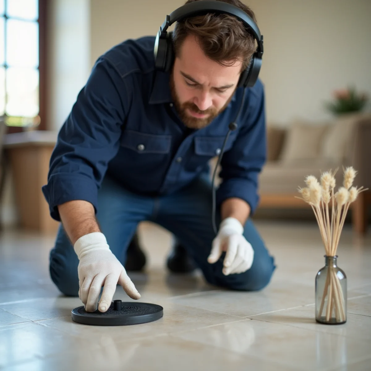 Technician using a ground microphone and headphones to pinpoint a slab leak