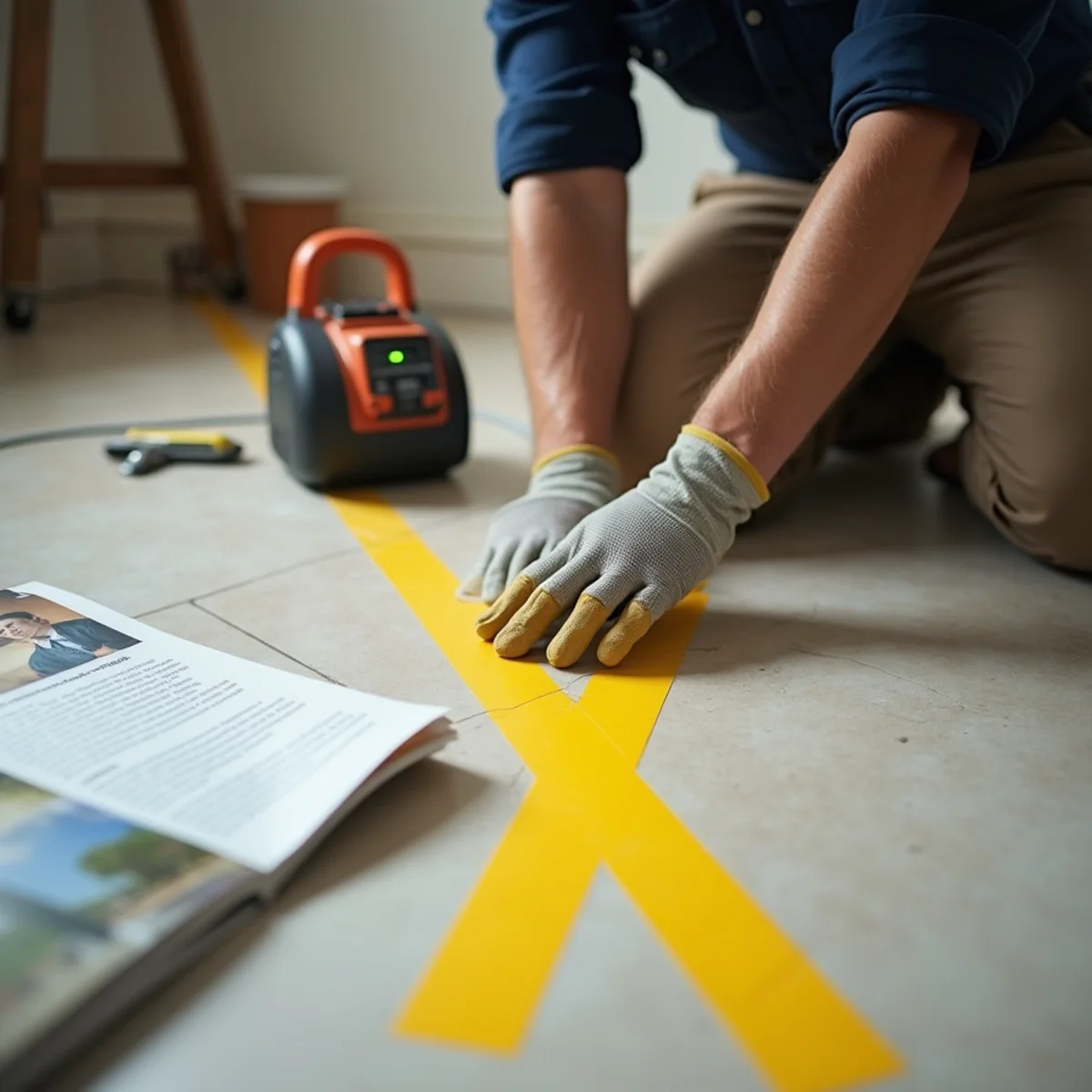 Painter's tape marking a pinpointed slab leak location on a tile floor