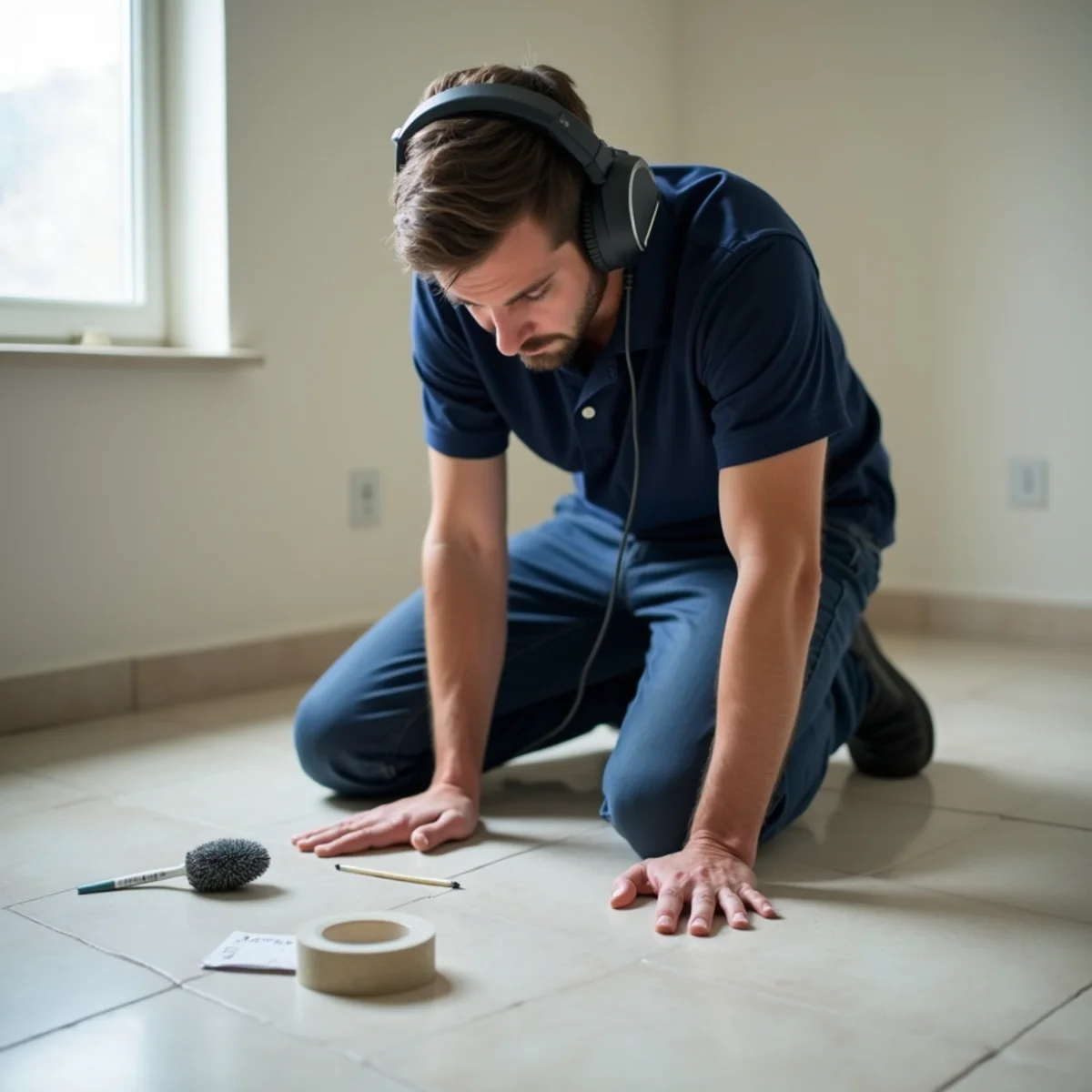 Acoustic leak detection equipment locating a slab leak in an Alta Loma, Rancho Cucamonga home