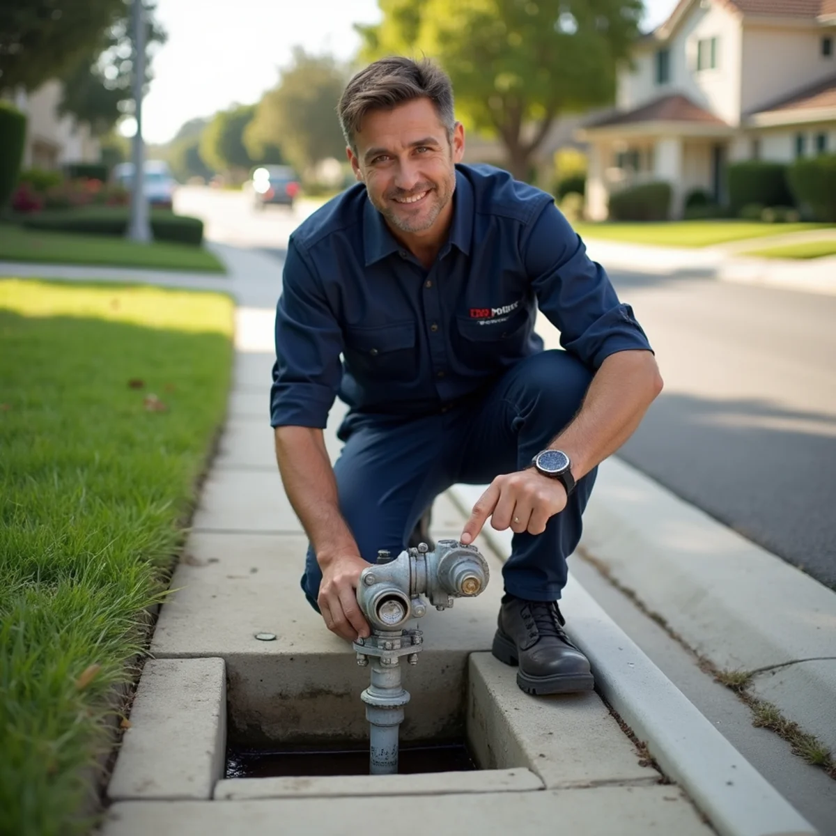 Homeowner locating the main water shut-off valve in a meter box outside a Rancho Cucamonga home