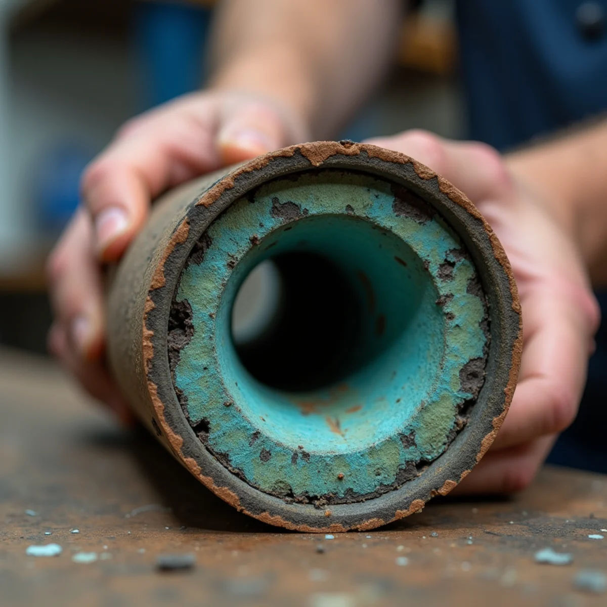 Section of copper pipe showing pinhole corrosion from hard water in an Inland Empire home