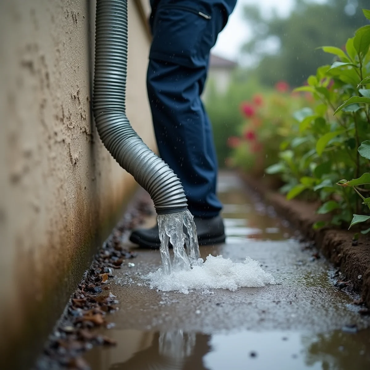 Downspout extension directing roof water away from a stucco foundation