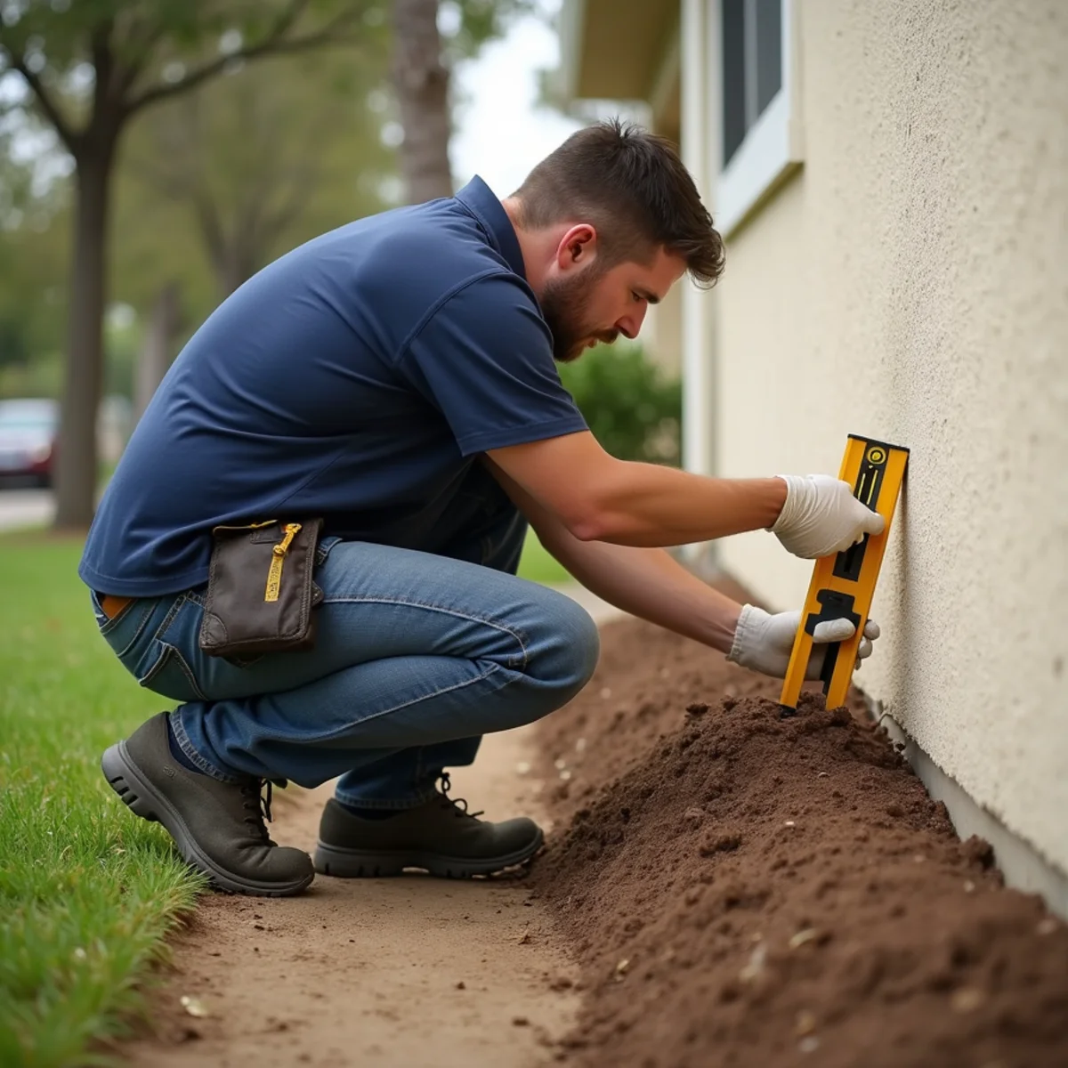 Homeowner checking the ground slope beside a home foundation