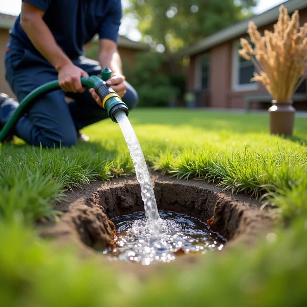 Garden hose flushing a yard area drain to test flow before the rainy season