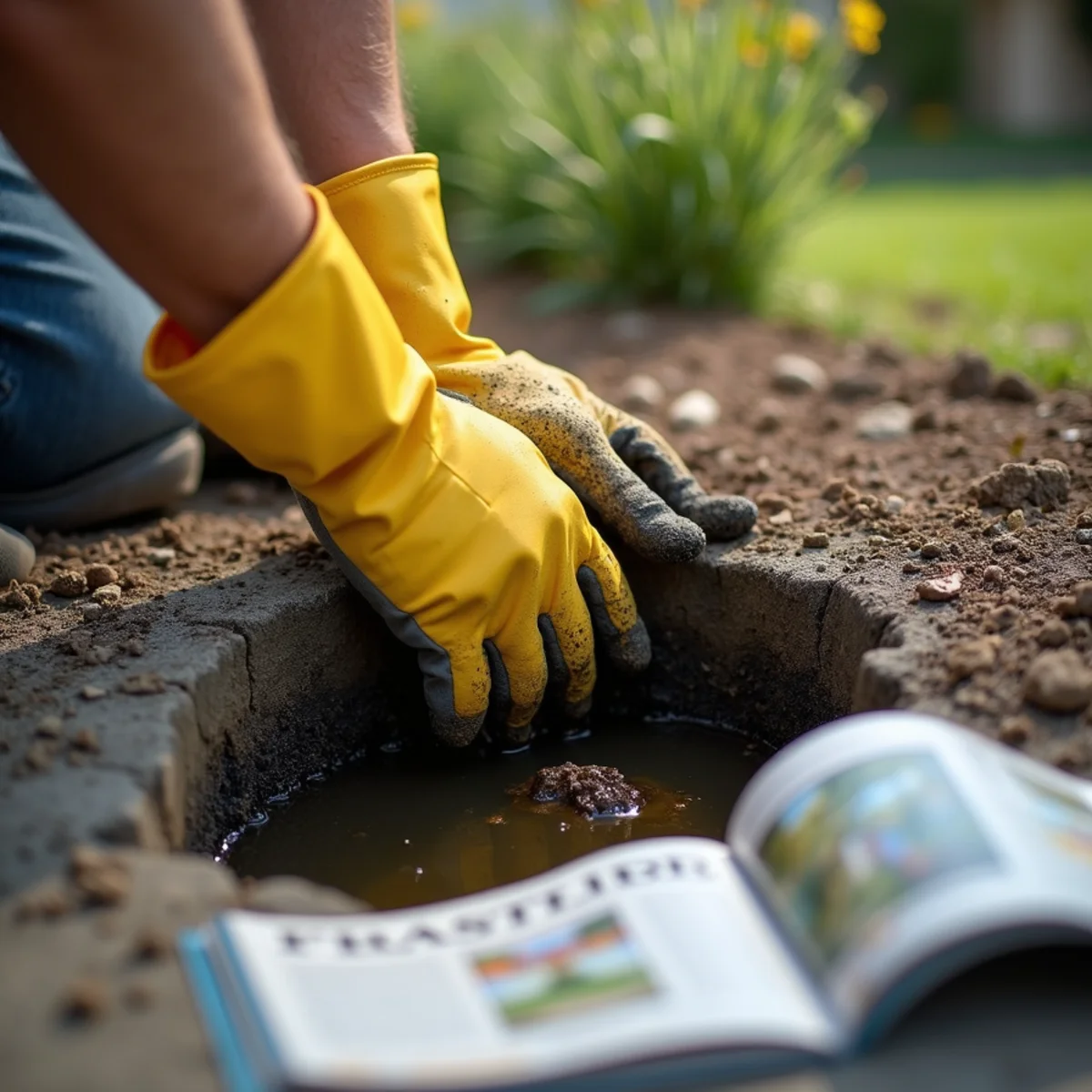 Clearing a blocked weep hole at the base of a garden retaining wall