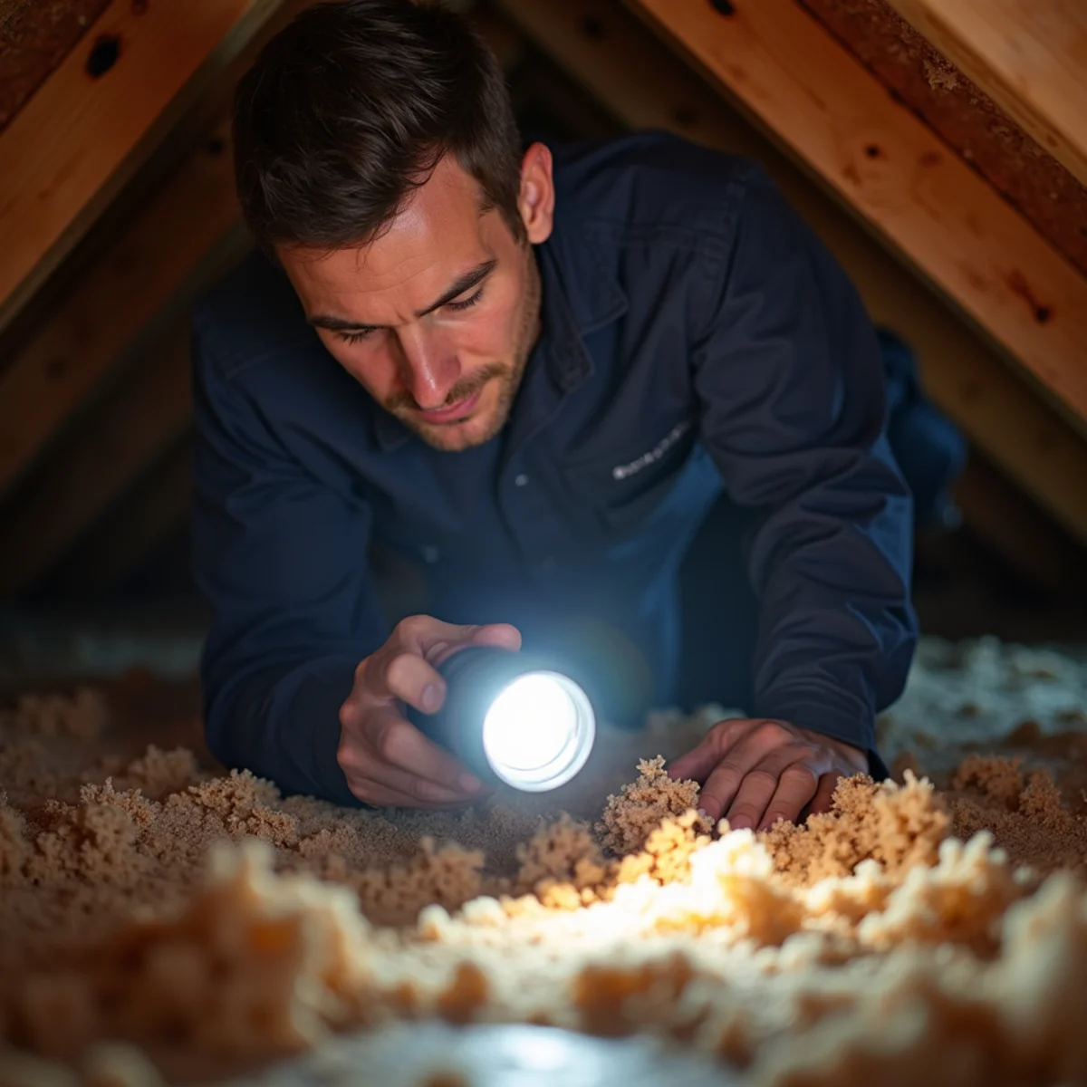 Homeowner checking attic sheathing with a flashlight for water staining