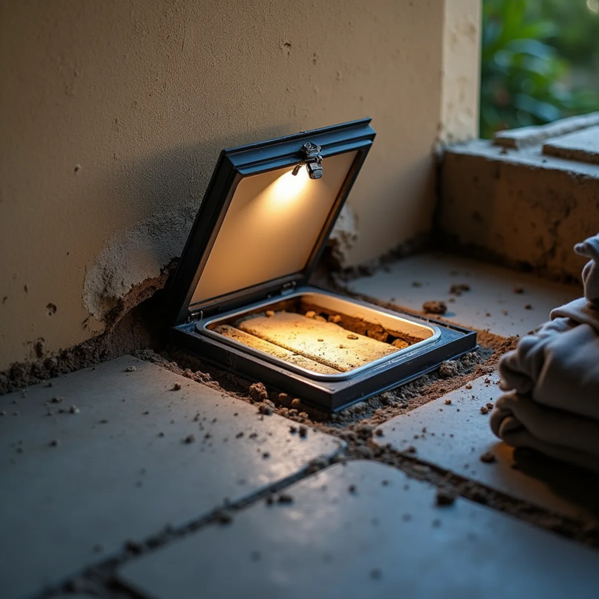 Open crawl space access hatch with a flashlight beam inside