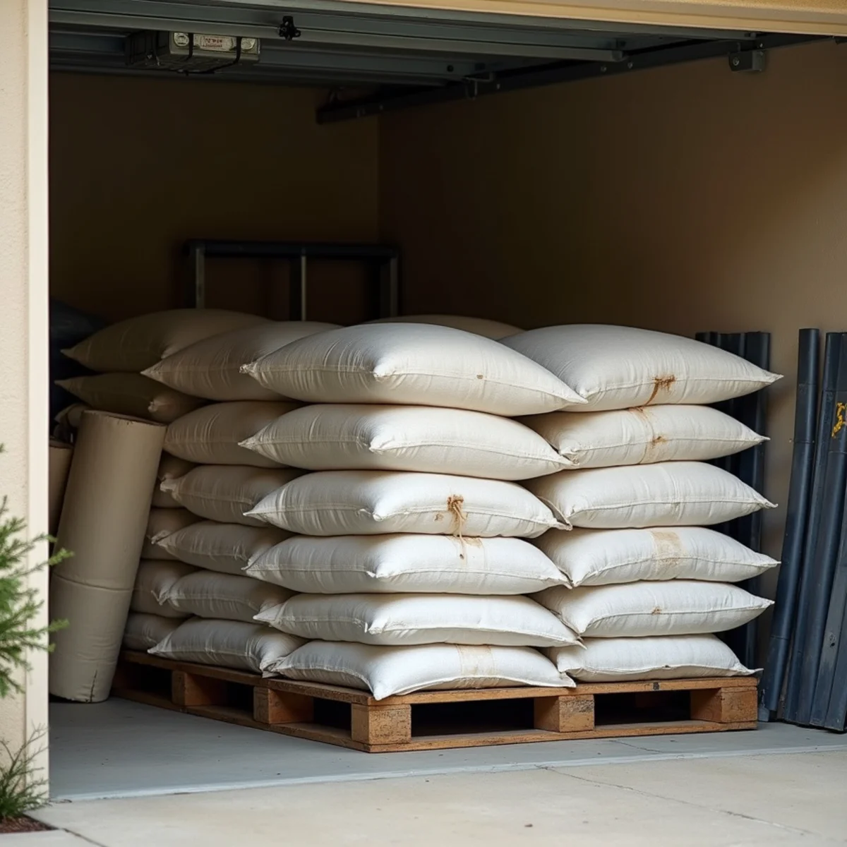 Stacked sandbags stored in a garage ahead of the rainy season