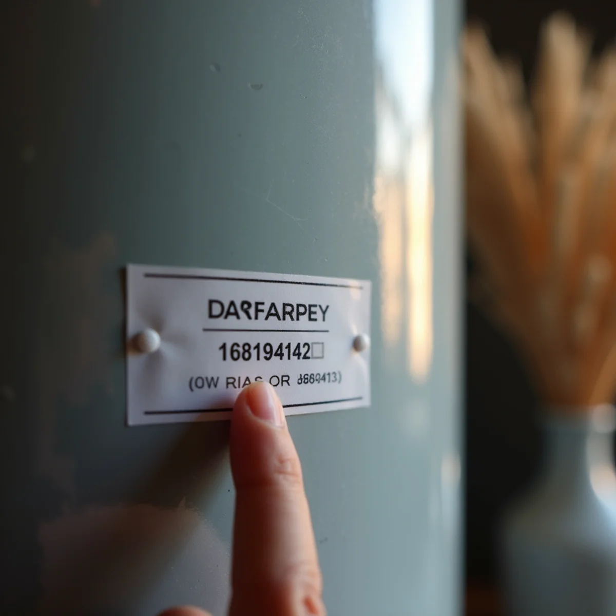 Close-up of a water heater data label showing the manufacture date