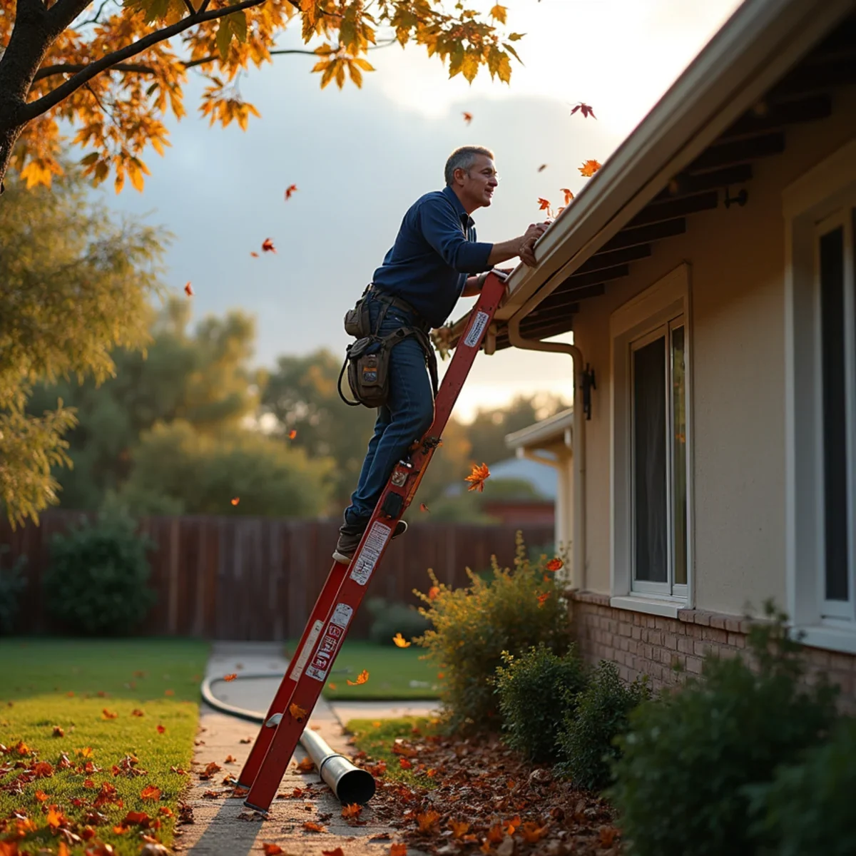 Homeowner clearing gutters before the rainy season at an Inland Empire home