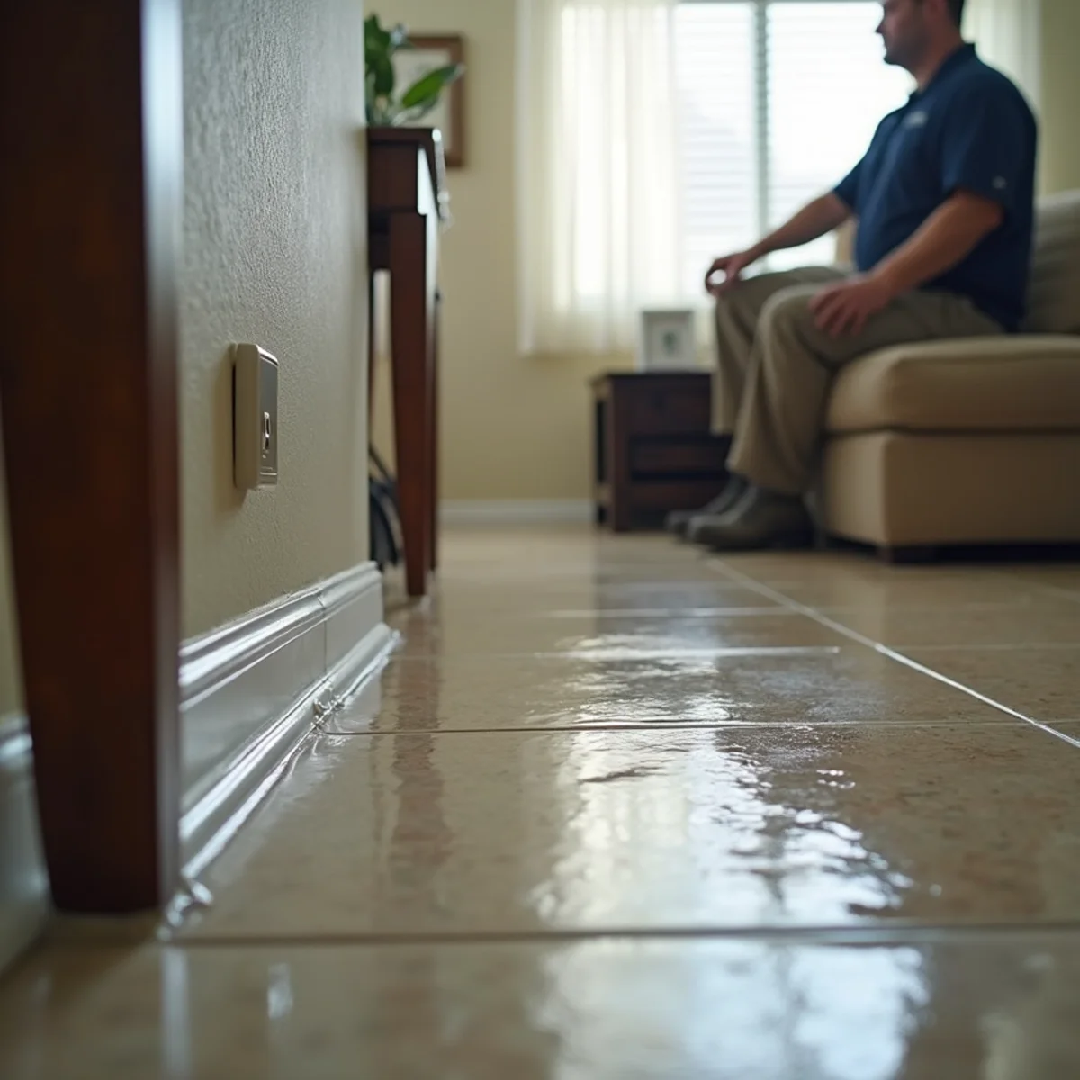 Standing water across the floor of a flooded Rancho Cucamonga living room