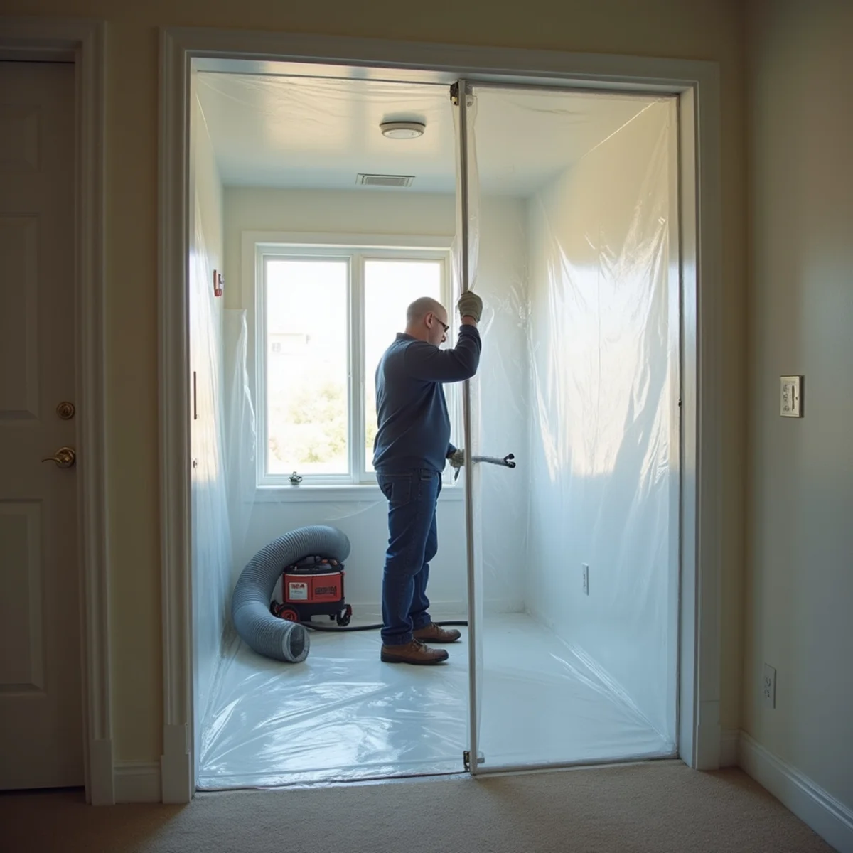 Mold remediation containment barrier set up inside an Inland Empire home