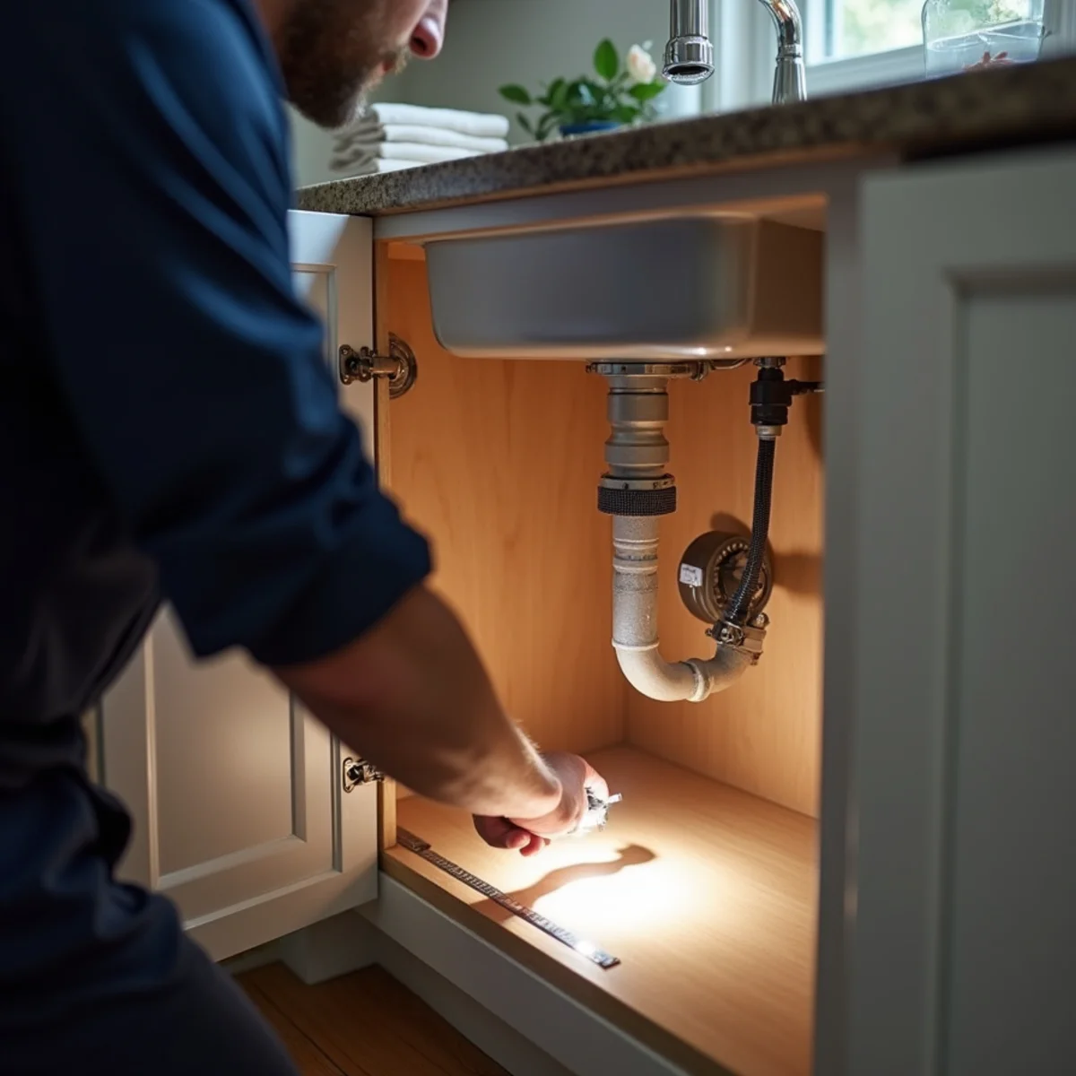 Flashlight inspection of angle stops and supply lines under a kitchen sink