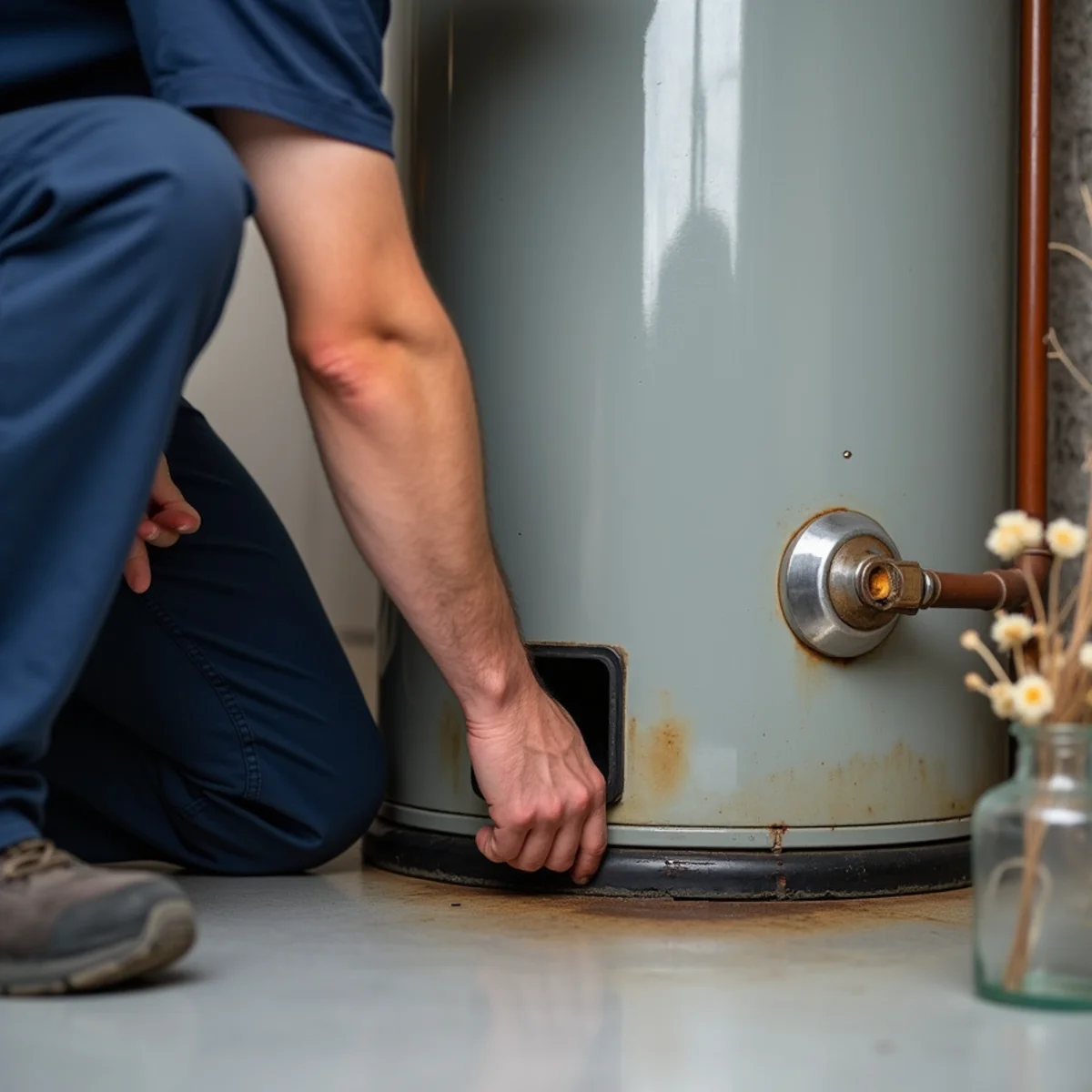 Inspecting the base of a garage water heater for rust staining and moisture