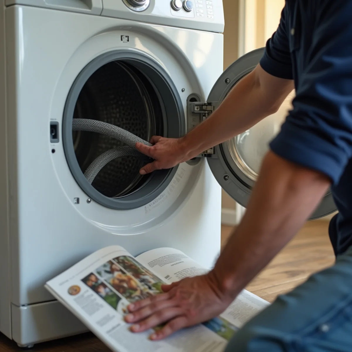 Checking braided supply hoses behind a pulled-out washing machine