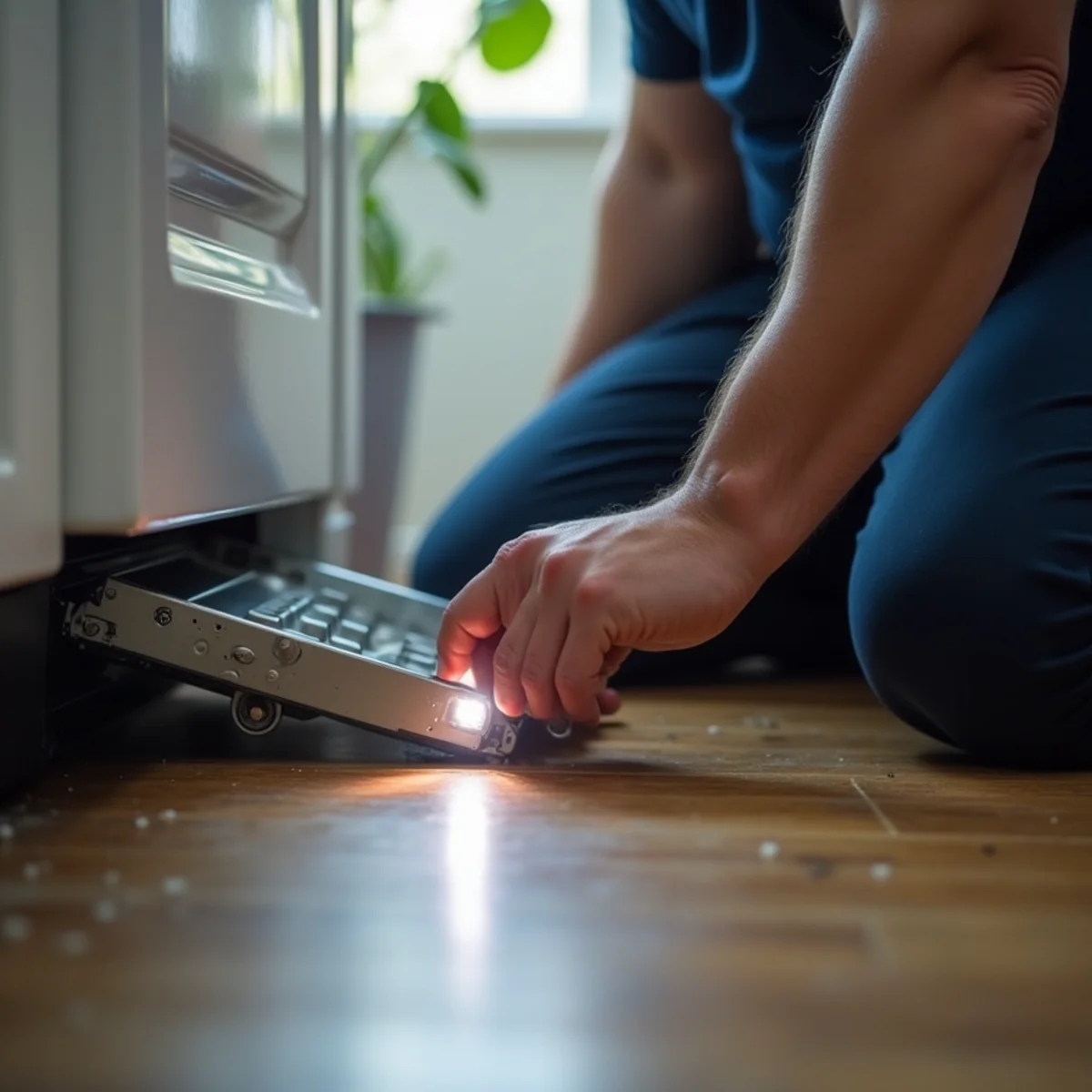 Dishwasher toe-kick panel removed to inspect for slow leaks underneath