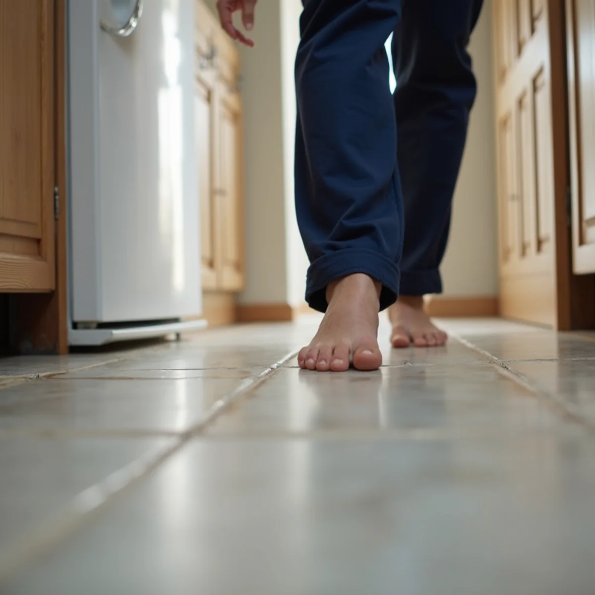 Bare feet checking a tile floor for a warm patch indicating a slab leak