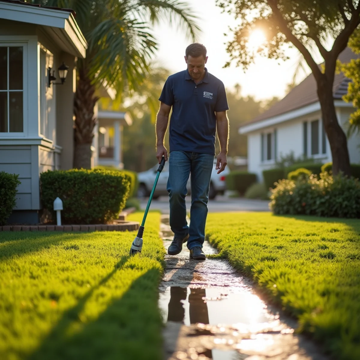 Homeowner inspecting a soggy patch of lawn near an exterior hose bib