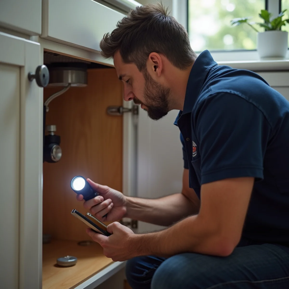 Homeowner checking under a kitchen sink for slow leaks during a monthly inspection