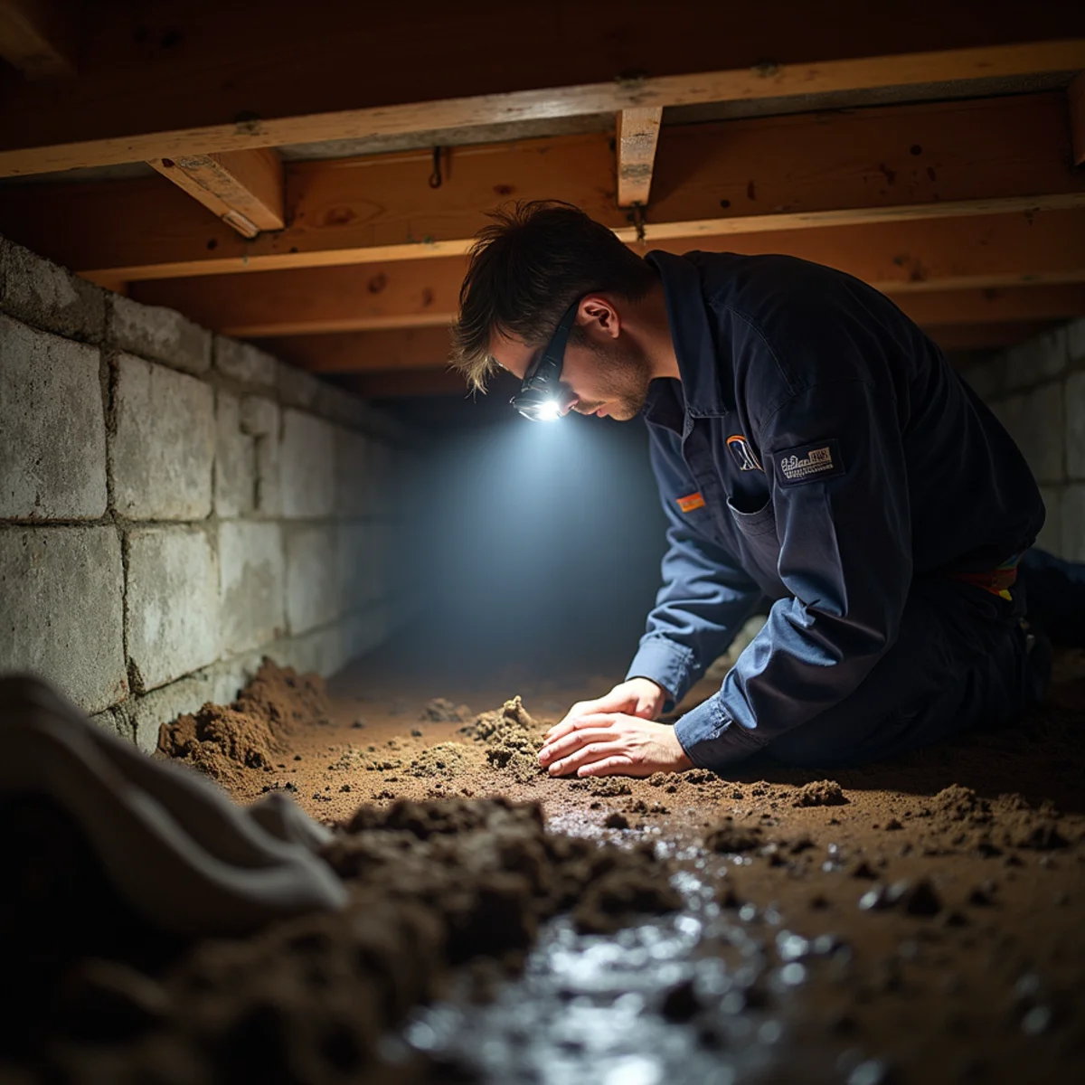 Wet sagging batt insulation between floor joists in a crawl space
