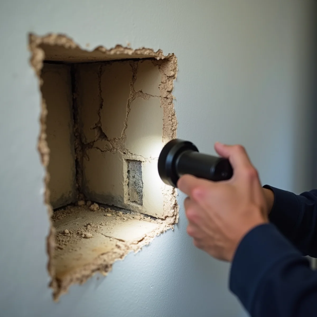 Small inspection opening in drywall revealing a damp wall cavity