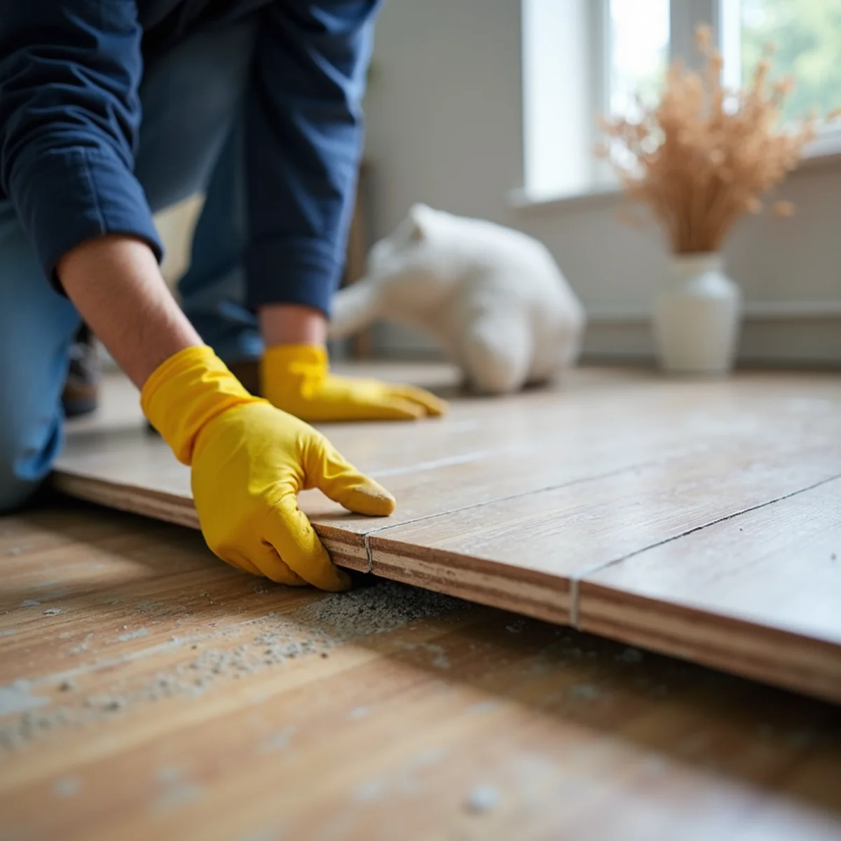 Floating vinyl plank lifted to reveal trapped moisture on the subfloor