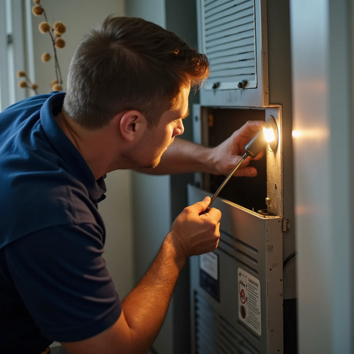 Technician inspecting a residential air handler and return duct for moisture