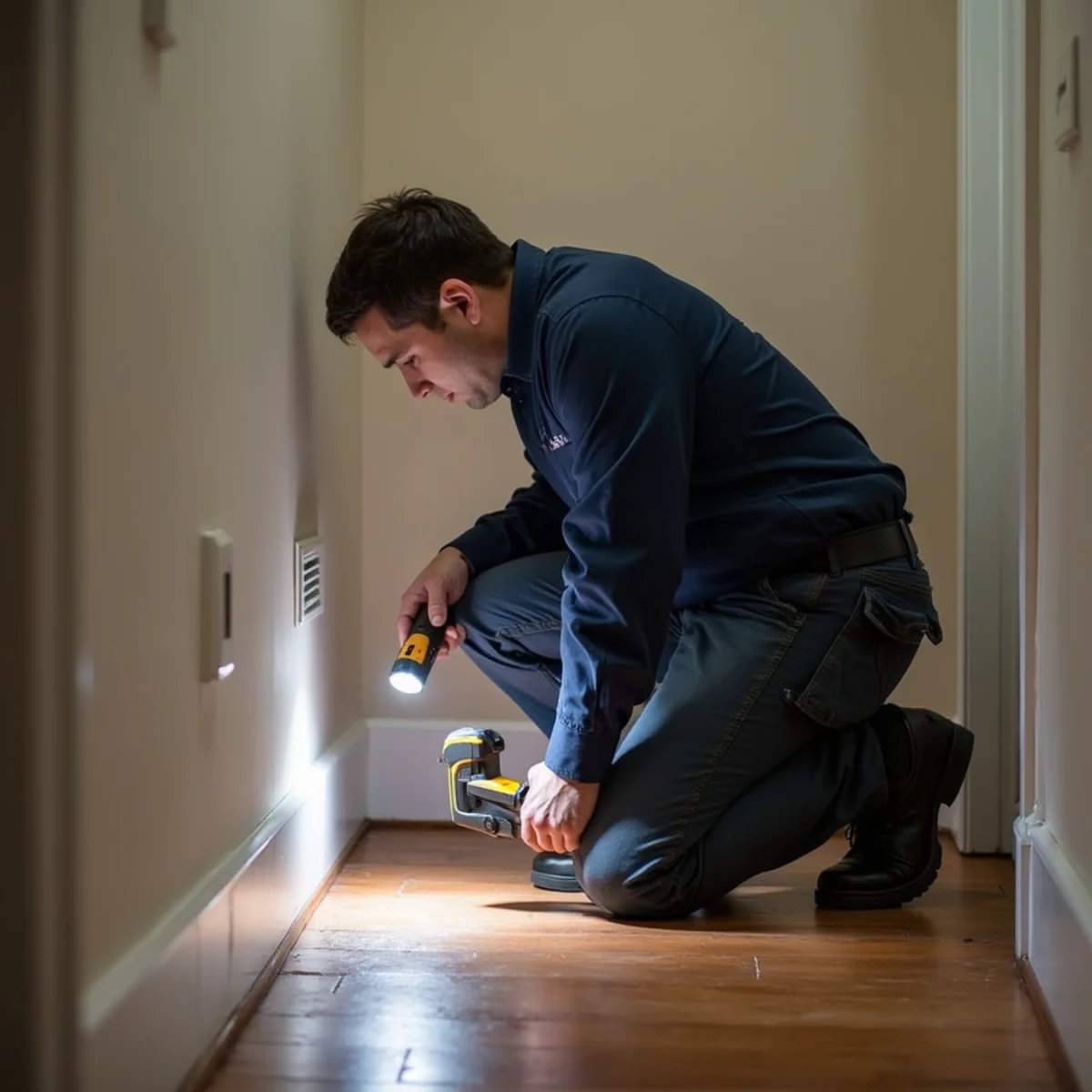 Technician investigating a persistent musty odor in a San Dimas home after water damage