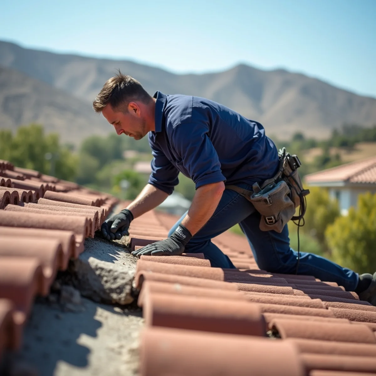 Wind-lifted concrete roof tiles on a home in Etiwanda, Rancho Cucamonga after a Santa Ana event