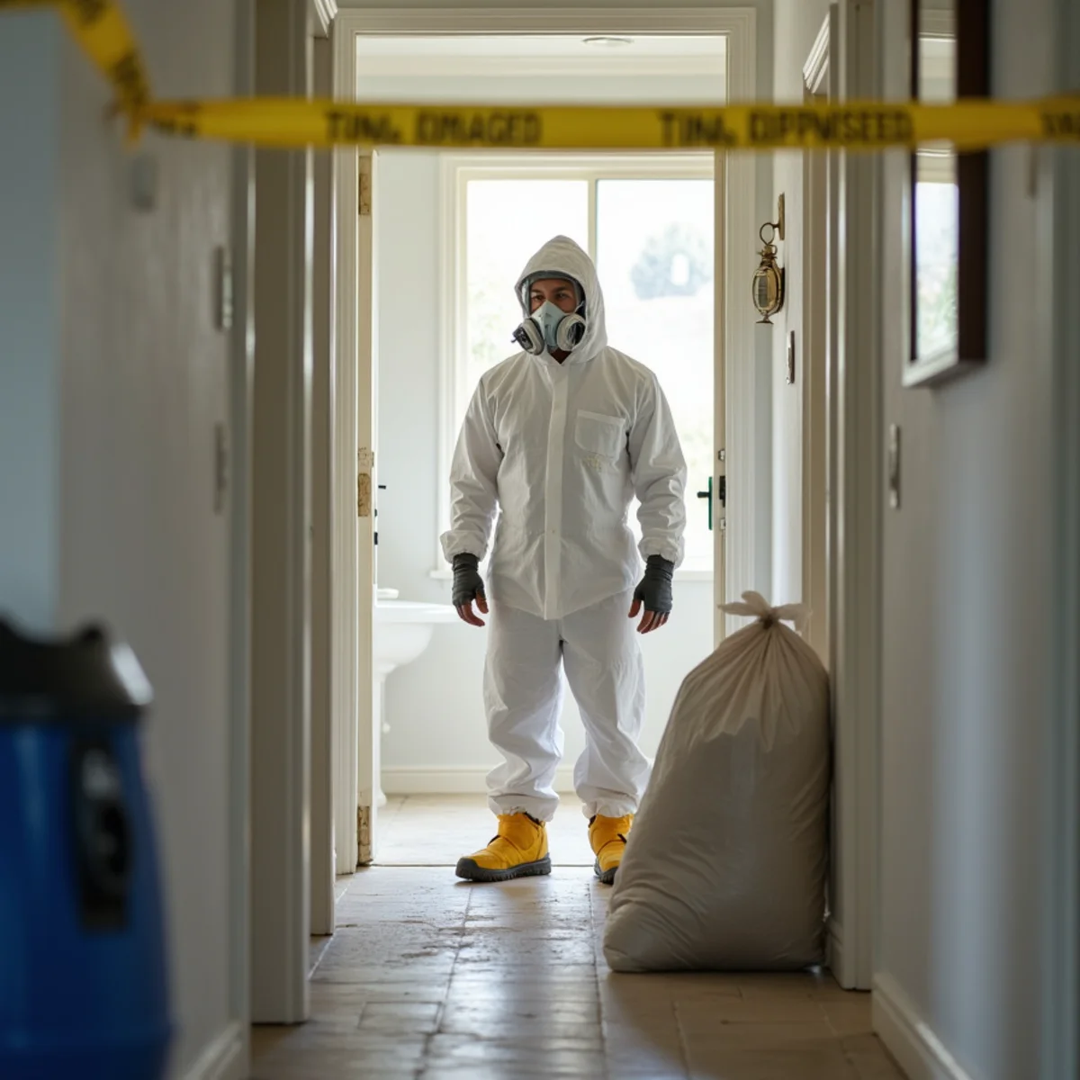 Technician in full PPE performing Category 3 sewage cleanup in an Inland Empire home