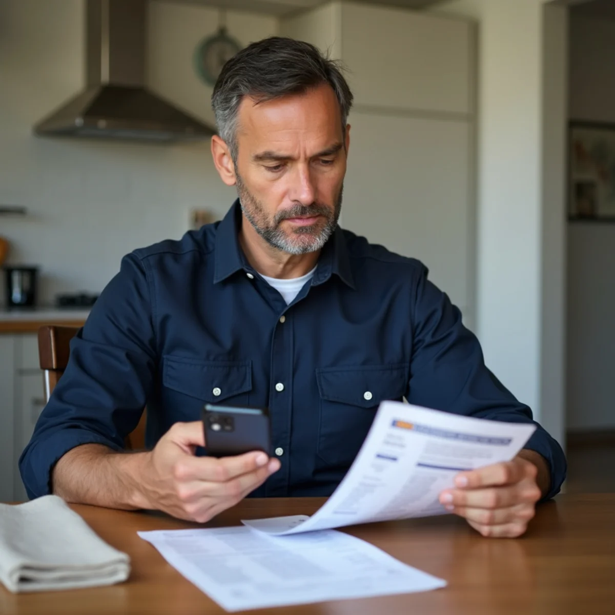 Homeowner comparing water bills at a kitchen table after an unexplained increase