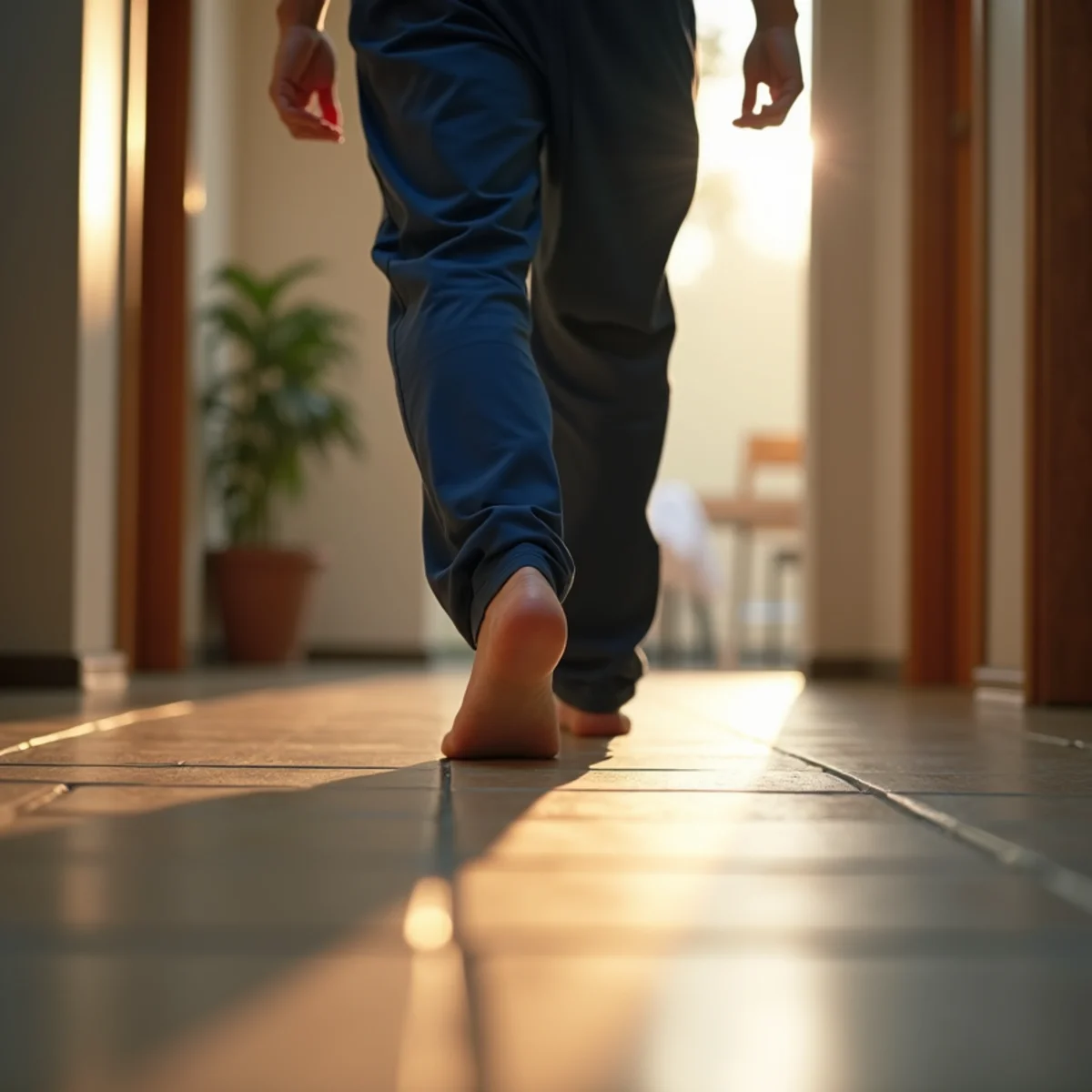 Bare feet on a tile hallway floor with a warm patch from a slab leak