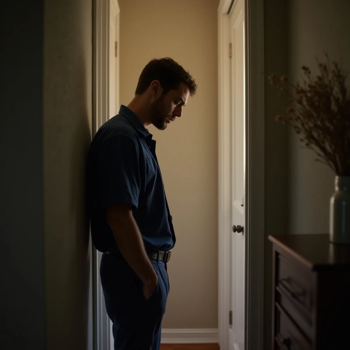 Homeowner listening at a wall in a quiet house for running water