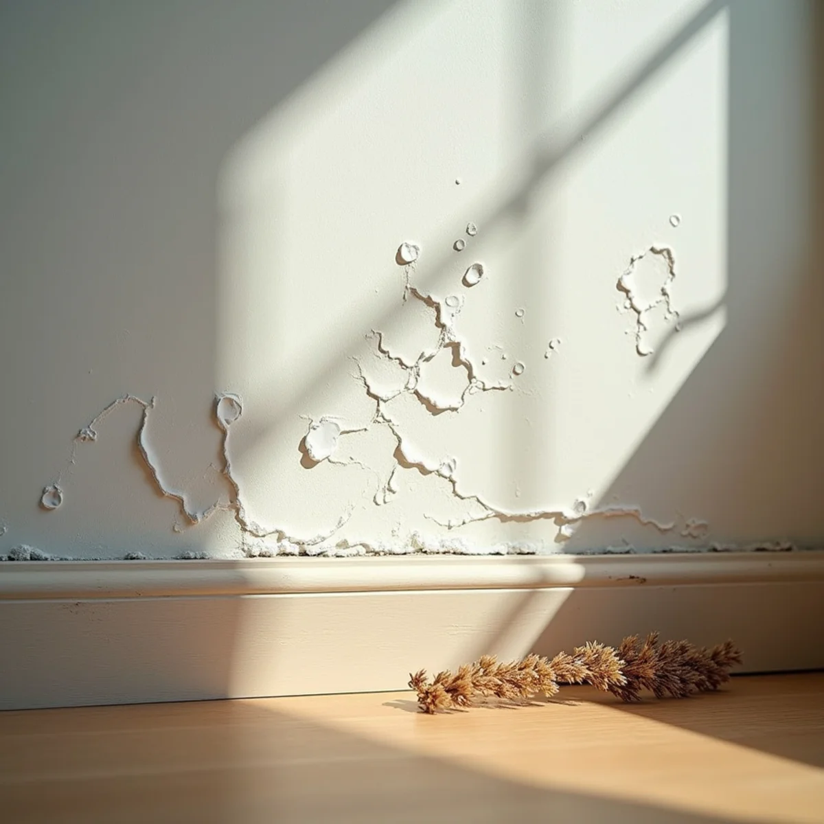 Bubbling paint and discoloured baseboard on an interior wall from a hidden leak