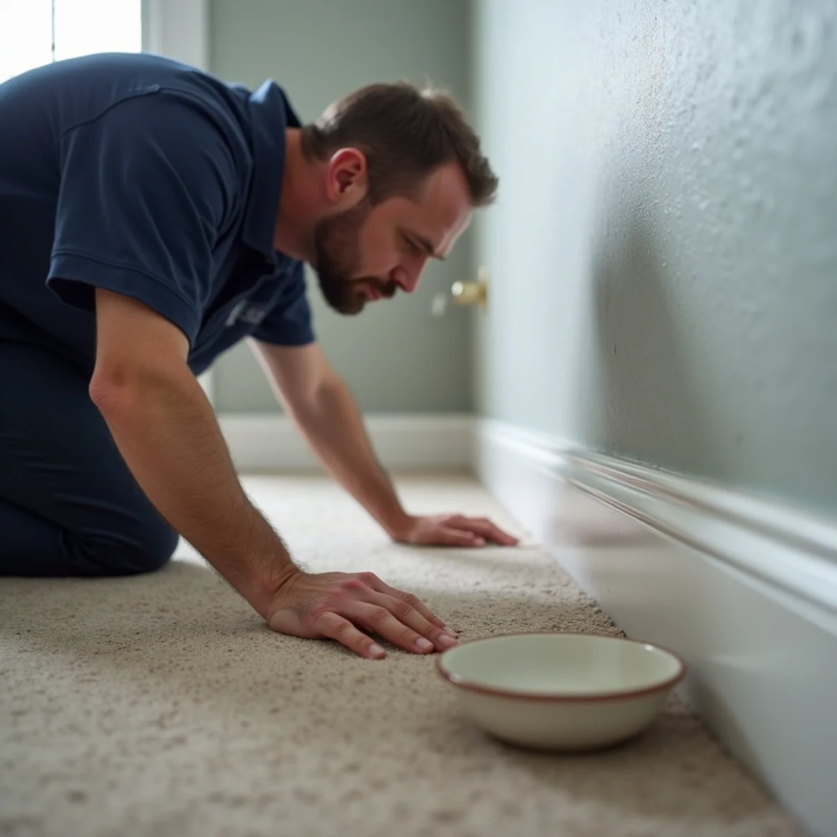 Person crouching to check for musty odor along the base of an interior wall